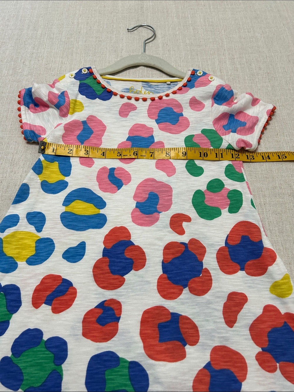 Boden Girls Dress Multicolor Abstract Short Sleeve With Pom Pom Detail Playful - Picture 6 of 11